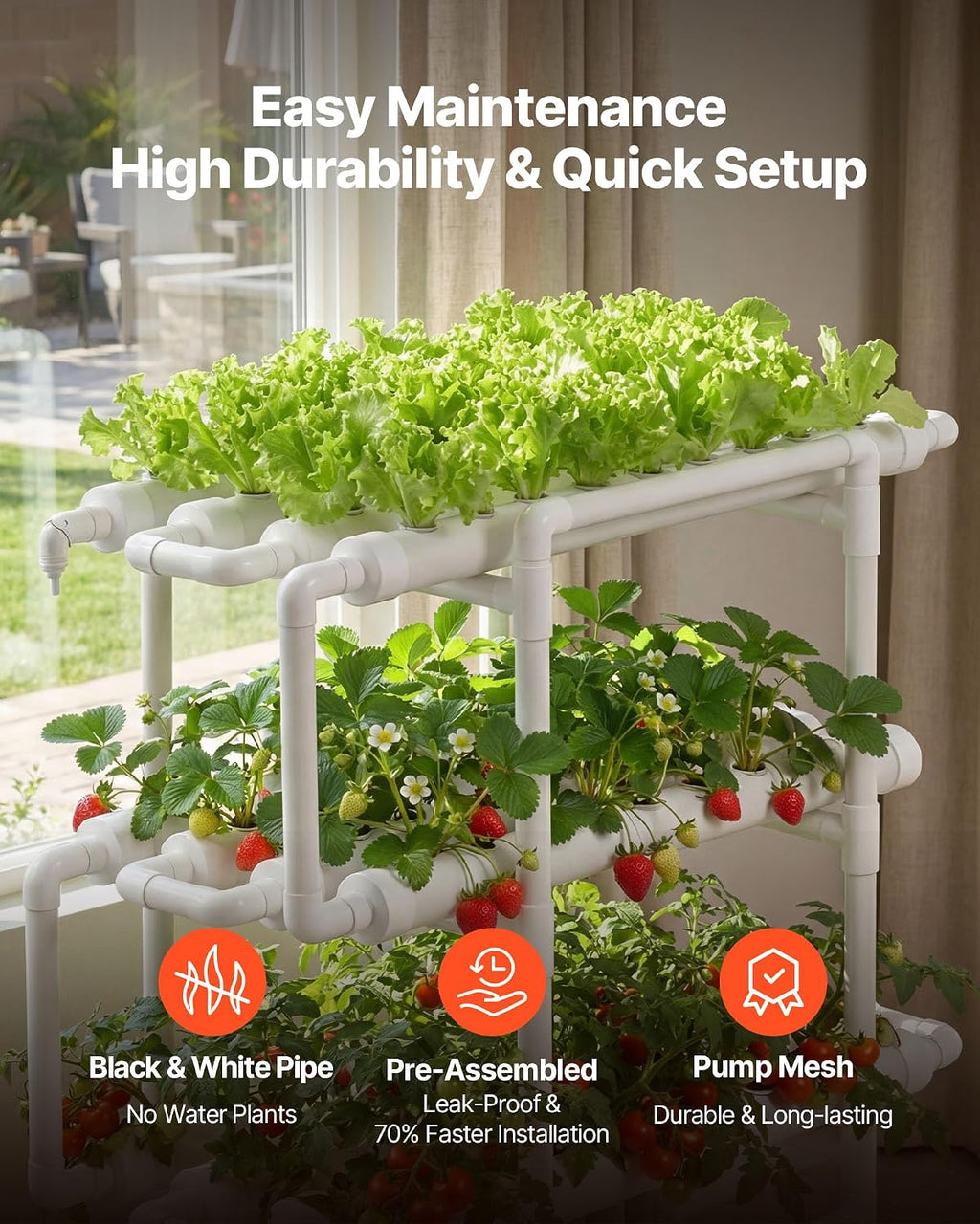 VEVOR Hydroponics Growing System Kit, 3-Tier 108 Sites UPVC Pipe Hydroponic Grow Kit with Timed Irrigation, Thickened