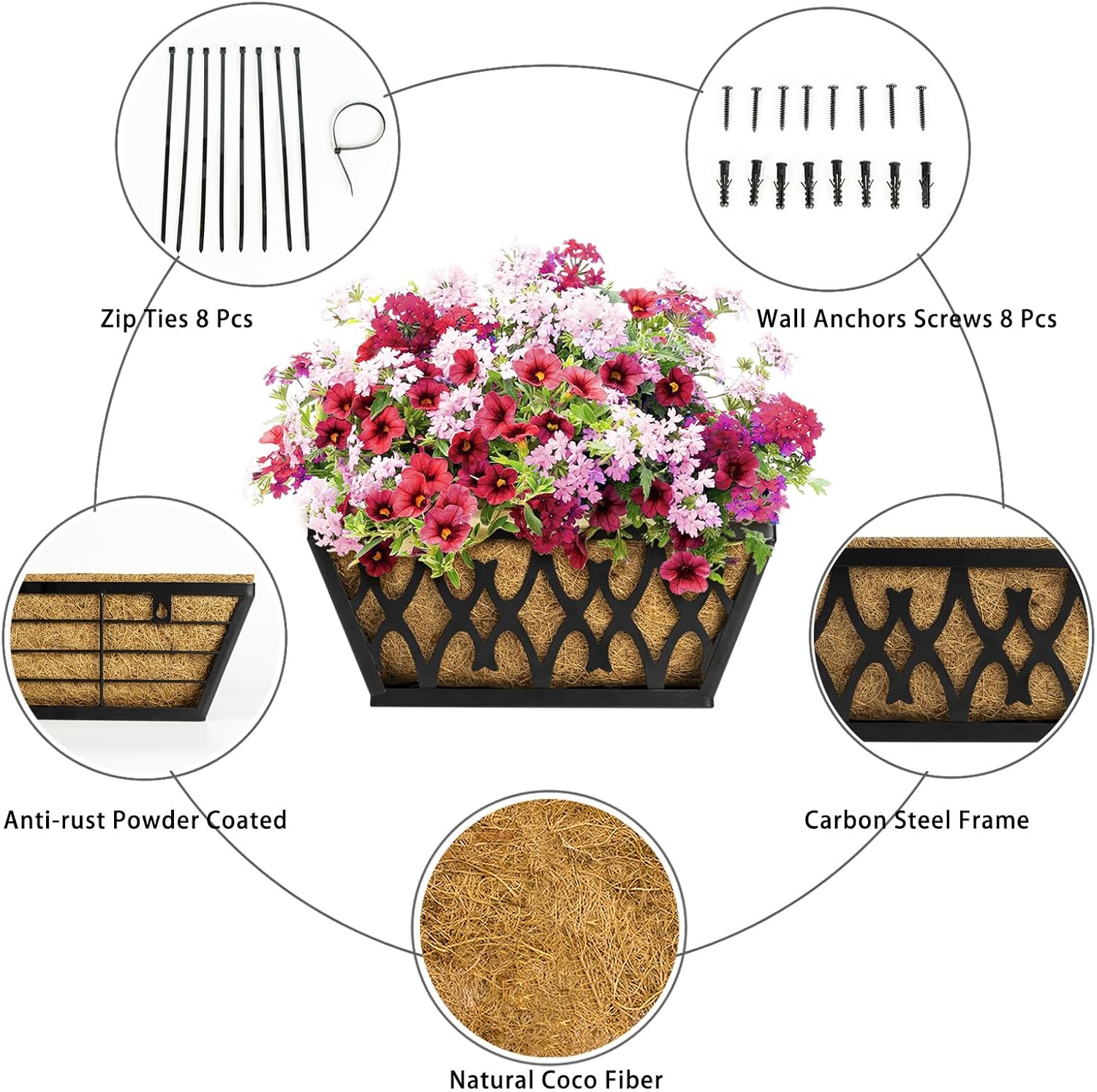 4 Pack 14 Inch Window Boxes Planters Railing Planter Box with Coco Liners Deck Railing Planter Boxes Balcony Hanging