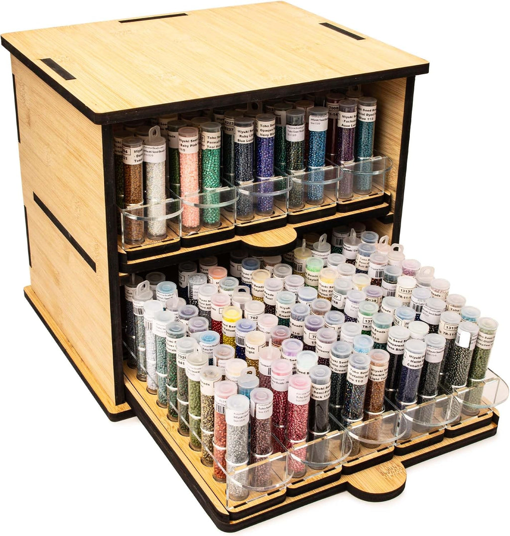 Bamboo Bead Cabinet – Bead Storage Organizer for Delica & Seed Bead Tubes – 60-Slot Wooden Rack for Jewelry Making &