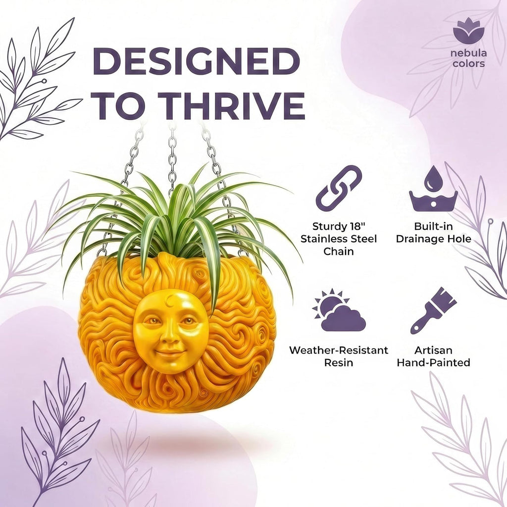 Fun & Unique Sun Face Hanging Planter Quirky Celestial Decor for Plant Lovers – Indoor Outdoor Flower Basket for