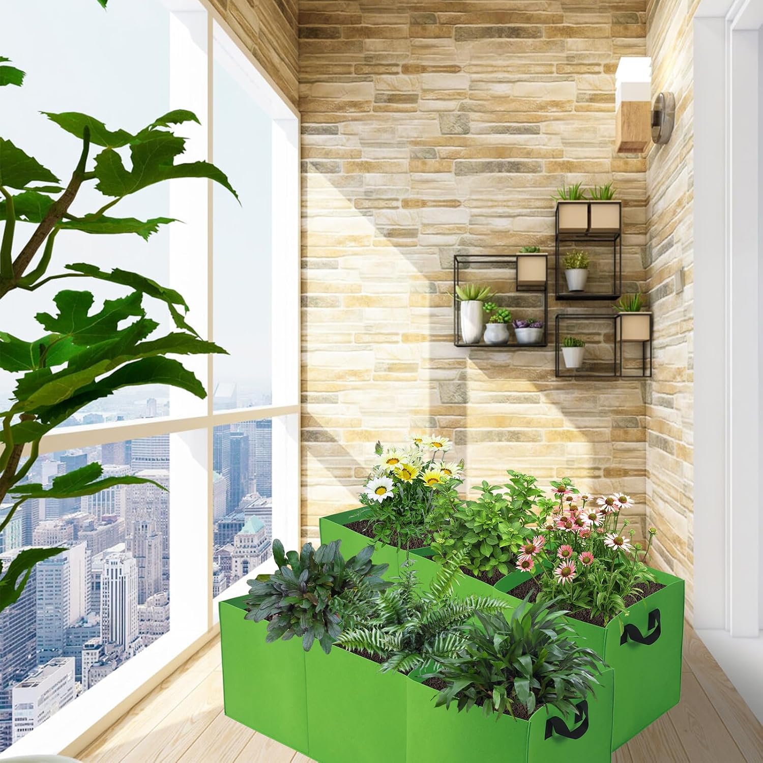 2 Pack Plant Grow Bags, 3 Divided Grids Fabric Raised Planting Bed Rectangle Raised Vegetable Planter Garden Planting