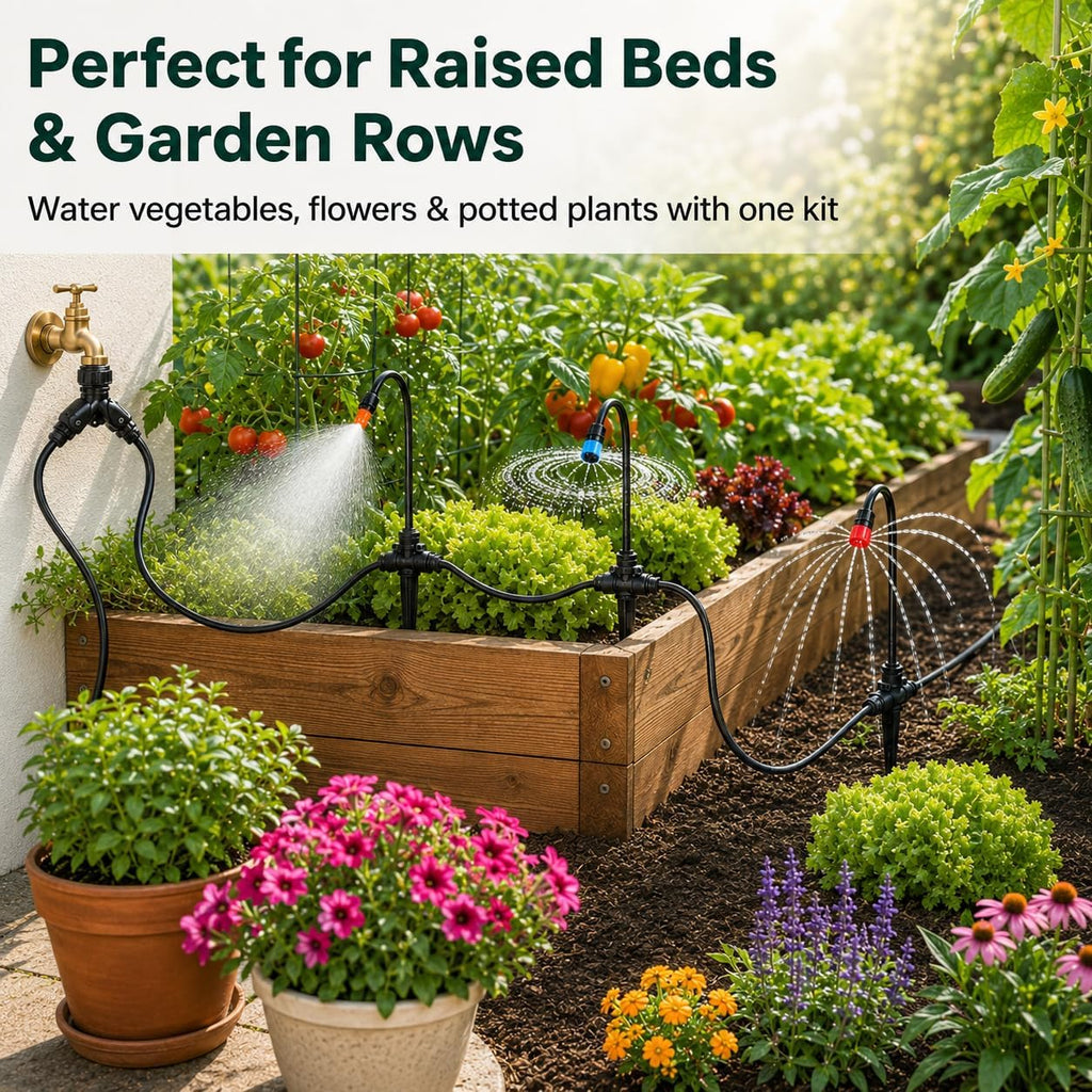 100FT 5/16" Drip Irrigation Kit, 18 Emitters for Raised Beds | 18 flexible gooseneck emitters with 3 spray modes for