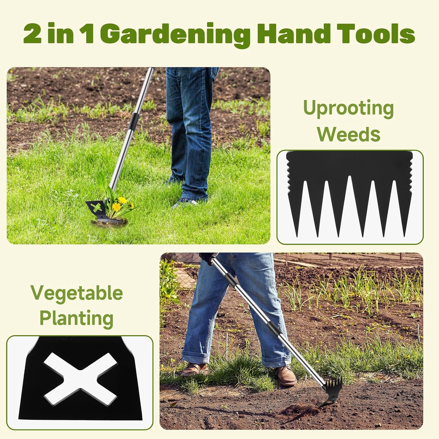 60" Weed Puller Tool with Long Handle and 17" Weeding Tools Gardening Set | Dual Side Hand Weed Rake and Hoe Garden