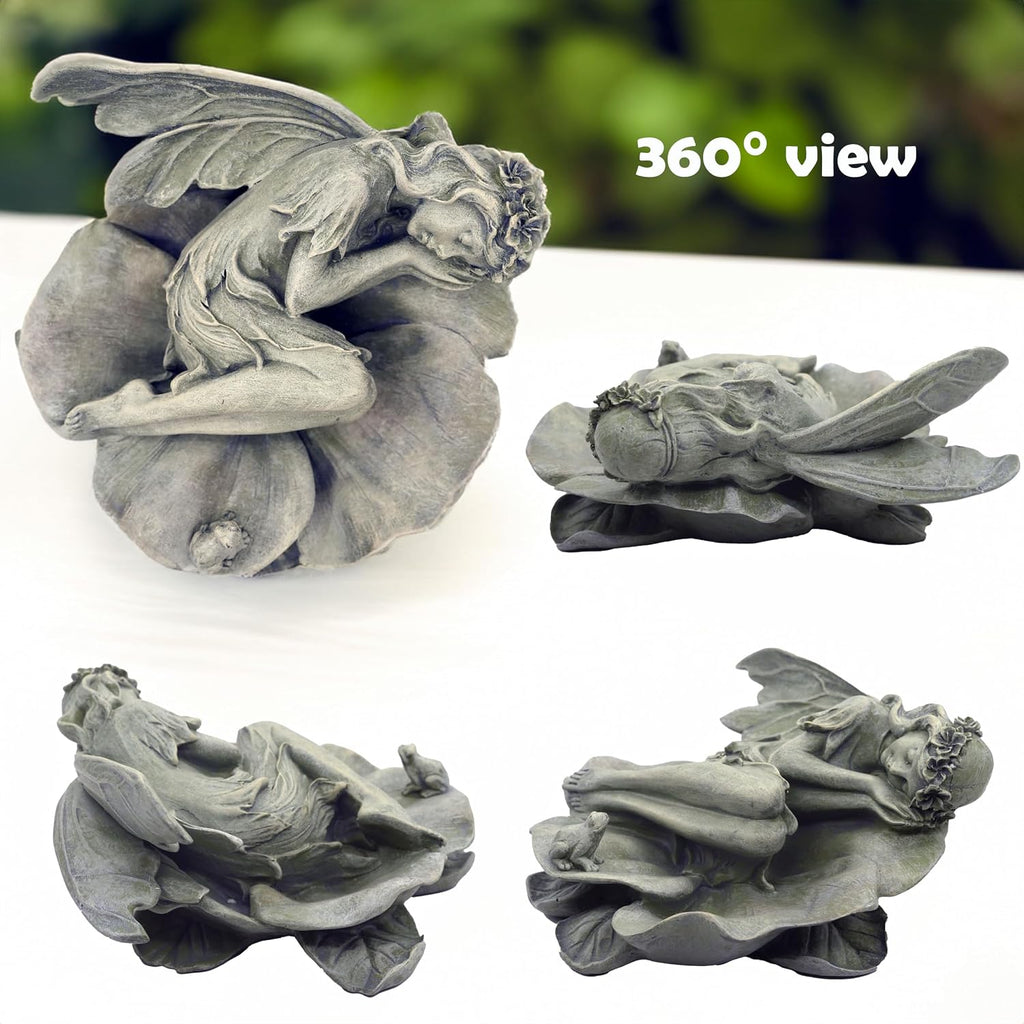 Garden Fairy Statue,Garden Sleeping Angel on Lotus Leaf with Bird Feeder Feature Outdoor Decor Sculptures Figurine