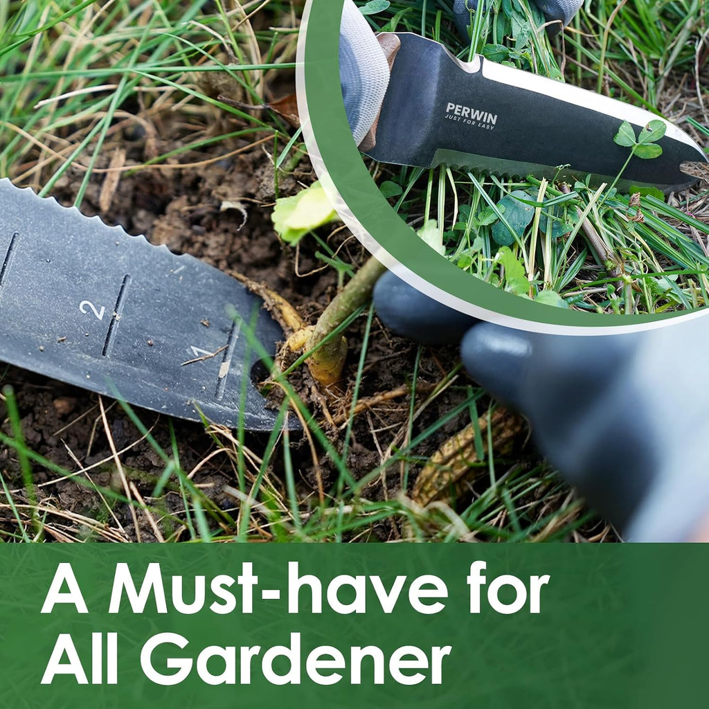 PERWIN Hori Hori Garden Knife, Garden Tools with Sheath for Weeding, Planting, Digging, 7" Stainless Steel Blade with