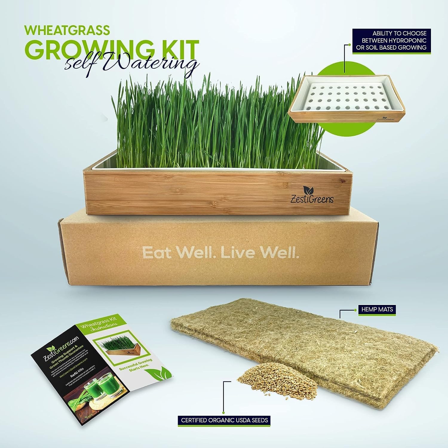 Wheatgrass Growing Kit - Self-Watering Reusable Tray & USA Seeds | Organic kit with soilless grow mats, blackout lid