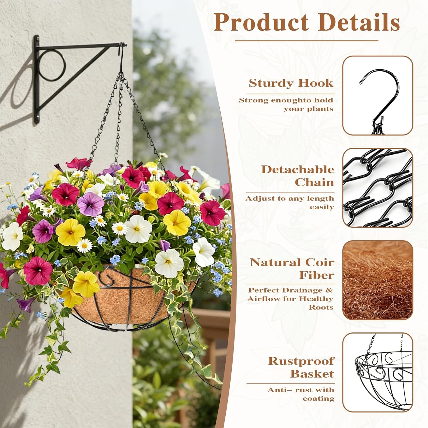 4 Pack Hanging Planter for Outdoor Plants 14 inch Metal Hanging Flower Basket with Coco Coir Liner Round Wire Plant