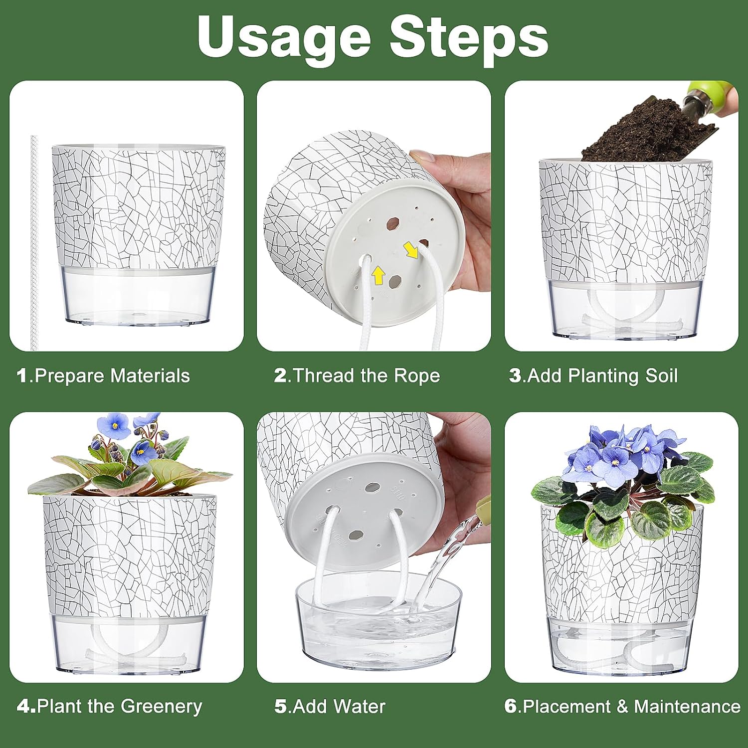 6 Pack Self Watering Pots for Indoor Plants, 4/5.5/6.3 Inch Plant Pots | Self Watering Planters with Drainage Hole