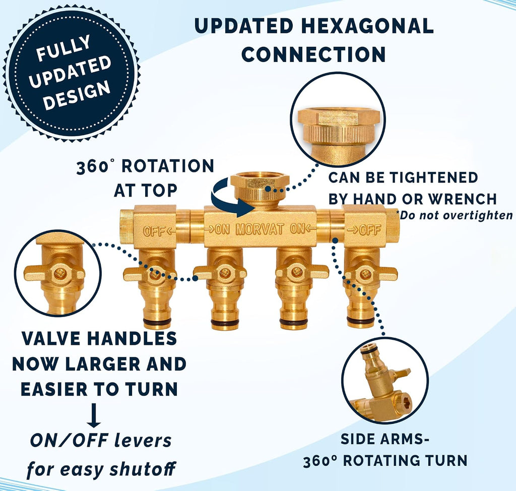 Heavy Duty 4 Way Brass Hose Splitter, Quick Connector Rotating Arms | 4-outlet brass manifold with individual ON/OFF