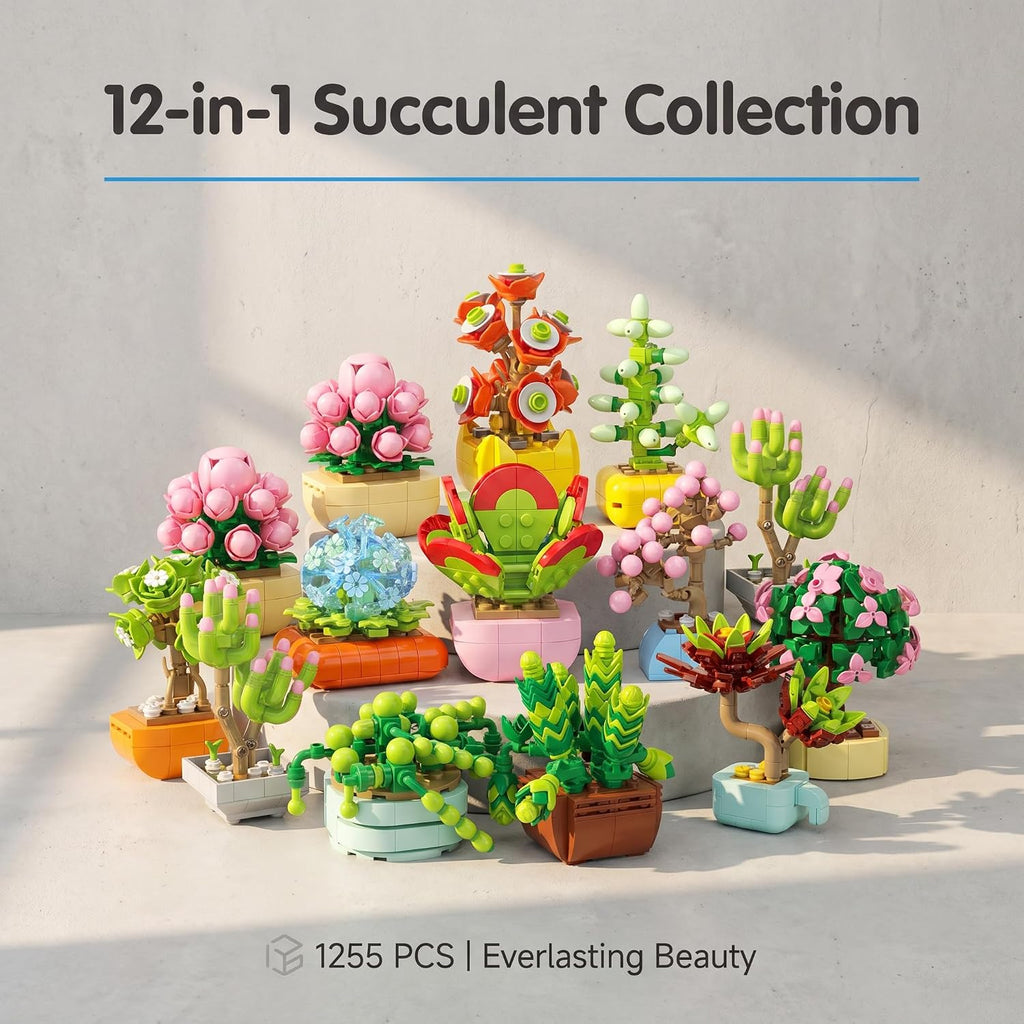 BIZNESMEN 12 Pack Succulent & Flower Building Block Set, 1255 PCS Botanical Garden DIY Kit - Creative STEM & Desk Decor