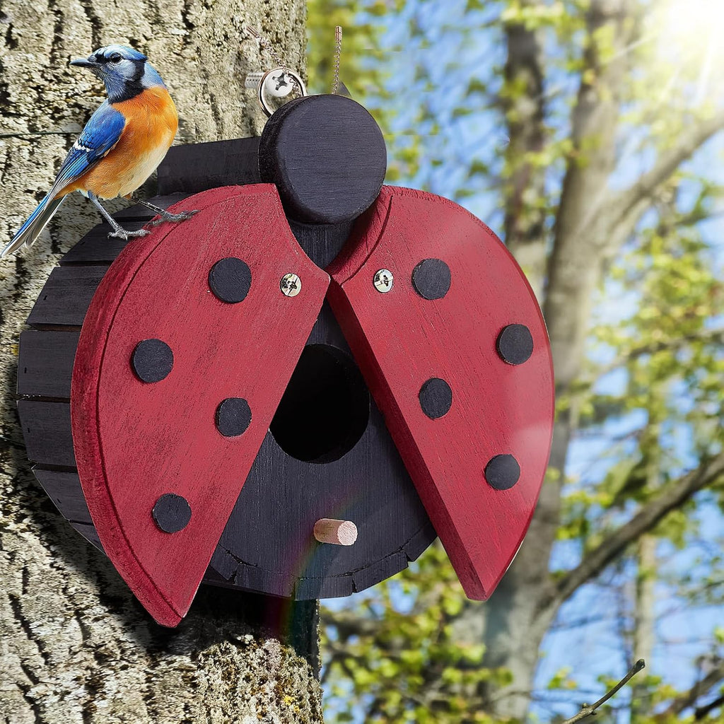 Bird Houses for Outside - Wooden Hanging Bird House - Ladybug-Shaped Birdhouse for Finches, Wrens, Cardinals - Outdoors