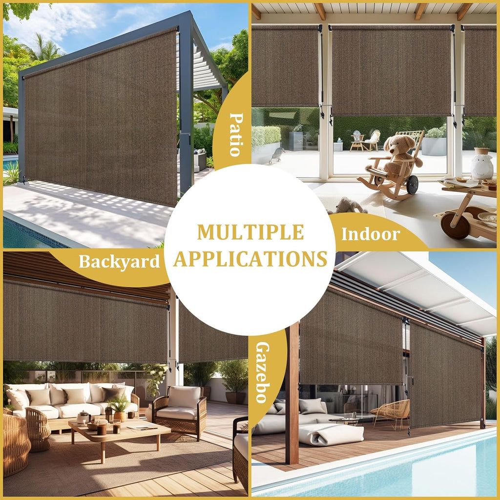 Shade&Beyond Outdoor Roller Shades with Splicing Design, 5' W x 8' H Cordless Patio Roll Up Blinds, Exterior Shade