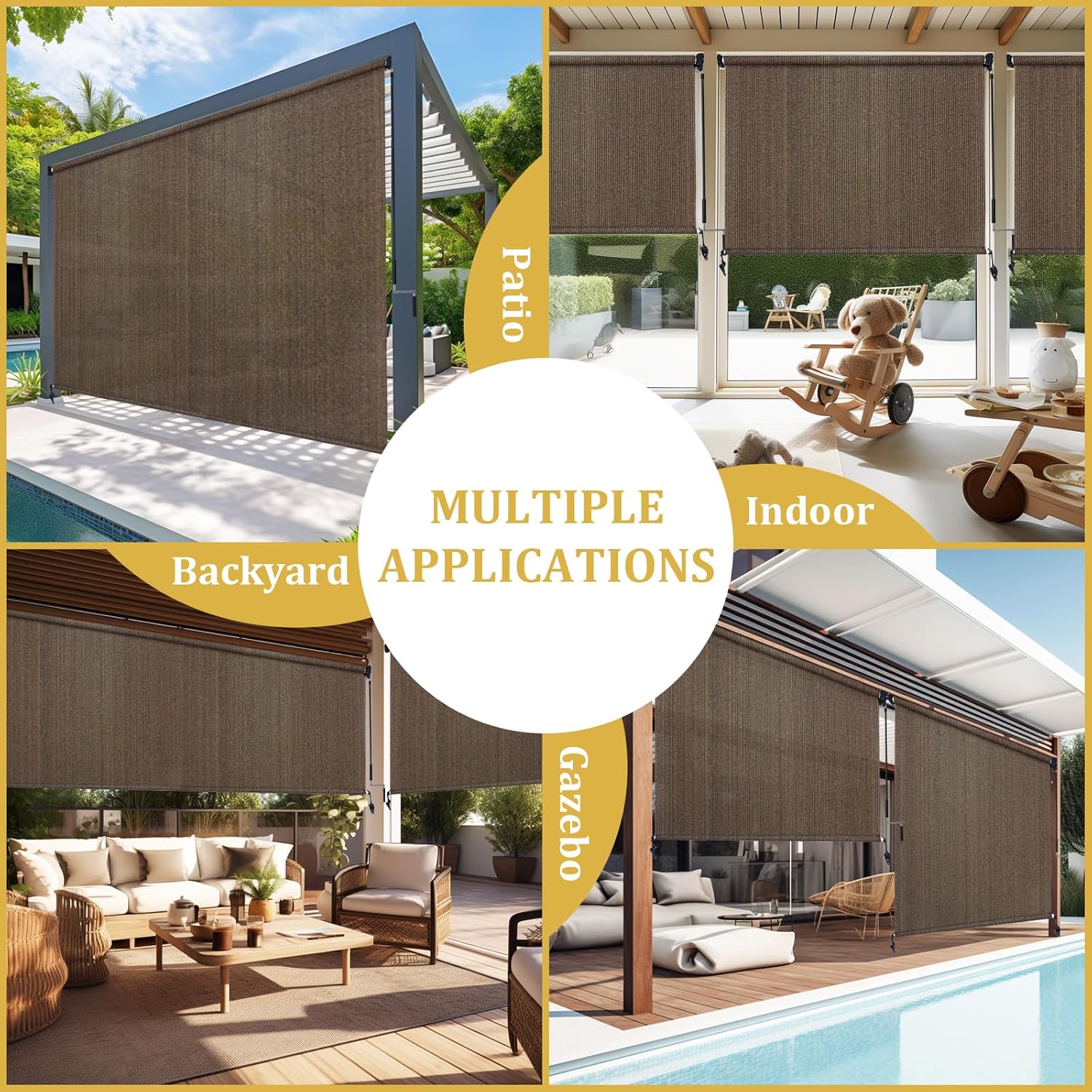 Shade&Beyond Outdoor Roller Shades with Splicing Design, 5' W x 8' H Cordless Patio Roll Up Blinds, Exterior Shade