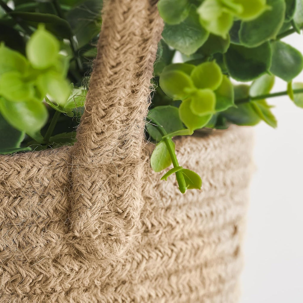 Dahey 2 Pack Woven Hanging Wall Basket 6.5"W×7"H with Artificial Eucalyptus | Easy Hanging Design, Jute Multi-Use