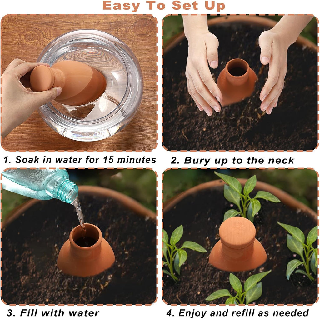 JUXYES 6 Pack Terracotta Self Watering Pots Watering System Planter Spikes | 18 oz Plant Watering Globes with Lid