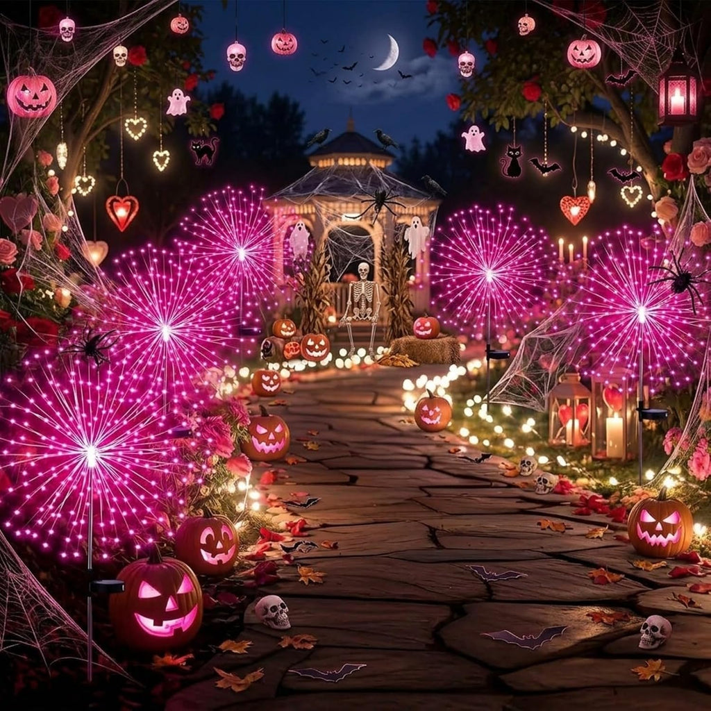 Tujoe 4 Pcs Halloween Solar Lights Outdoor Firework Lights Decor, Pink