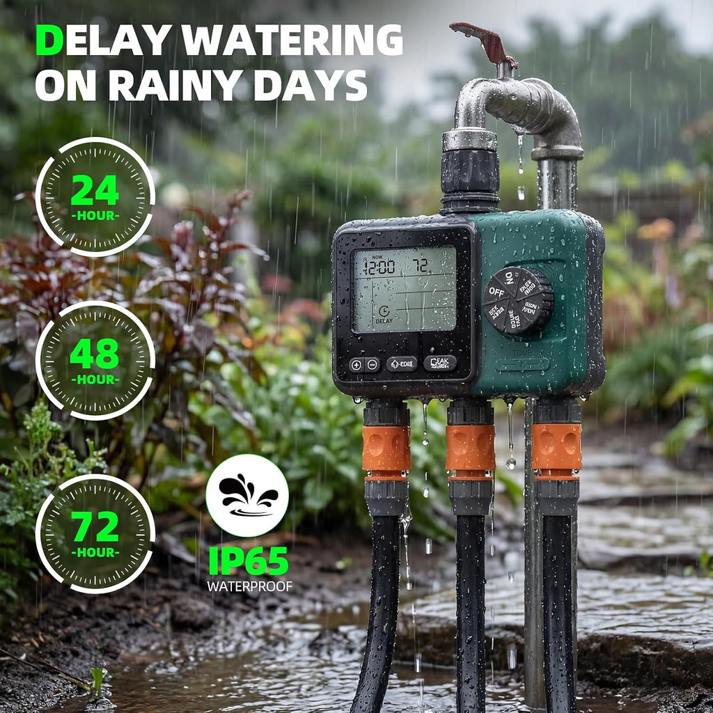 3 Zone Sprinkler Timer,3 Custom Watering Plans Hose Time, IP65 Waterproof, Rain Delay Manual & Automatic Watering with