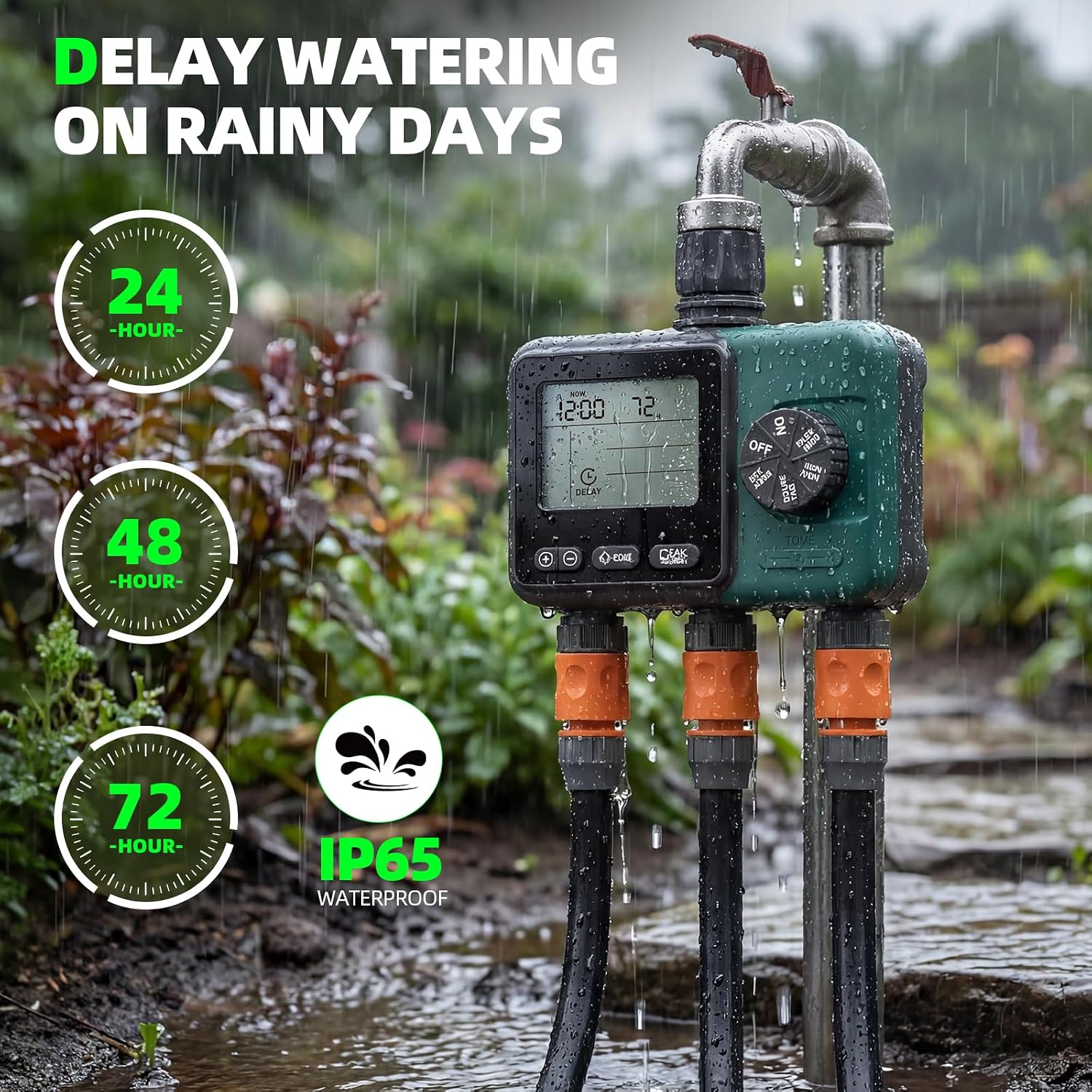 3 Zone Sprinkler Timer,3 Custom Watering Plans Hose Time, IP65 Waterproof, Rain Delay Manual & Automatic Watering with