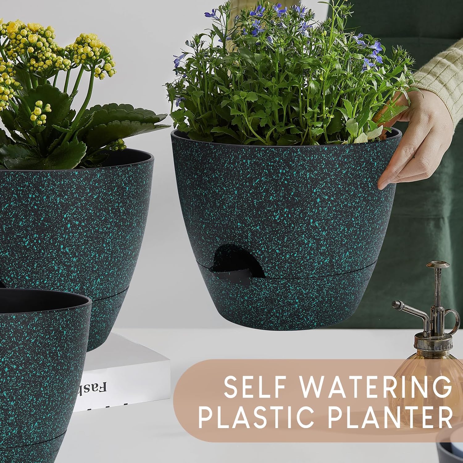 YNNICO Plant Pots 10/9/8/7.5/7 inch, Self Watering Planters with Drainage Holes & Saucers for Indoor and Outdoor Plants