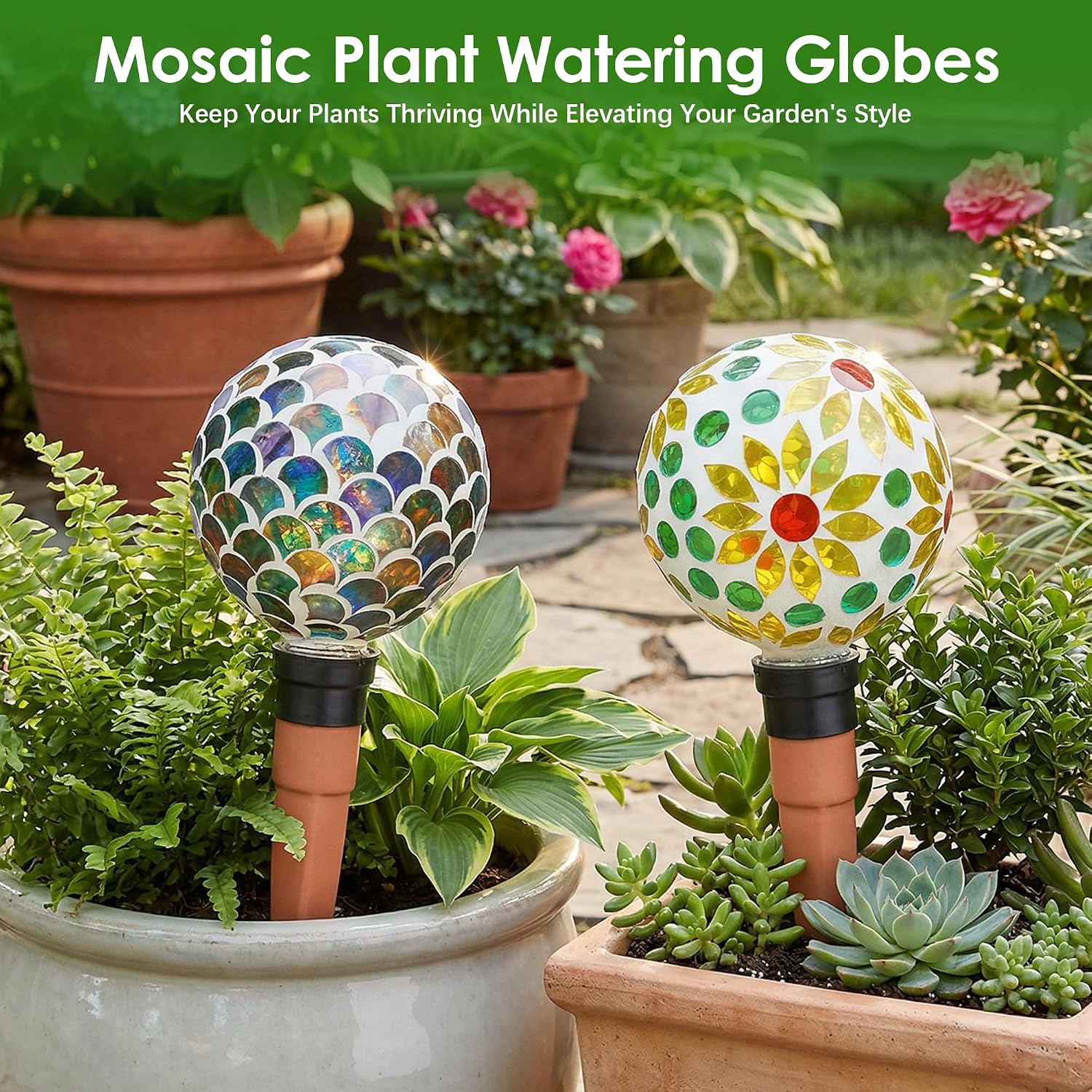 Plant Watering Globes Mosaic Self Watering Spikes 2 Pack | Indoor Outdoor Plants Automatic Plant Waterer Plant Watering