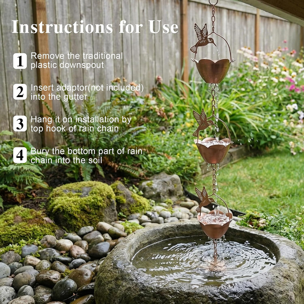 DUSVALLY 8FT Hummingbird Rain Chain for Gutters, Copper-Tone Metal | 12 Flower Cups • Hummingbird Design • Copper-Tone