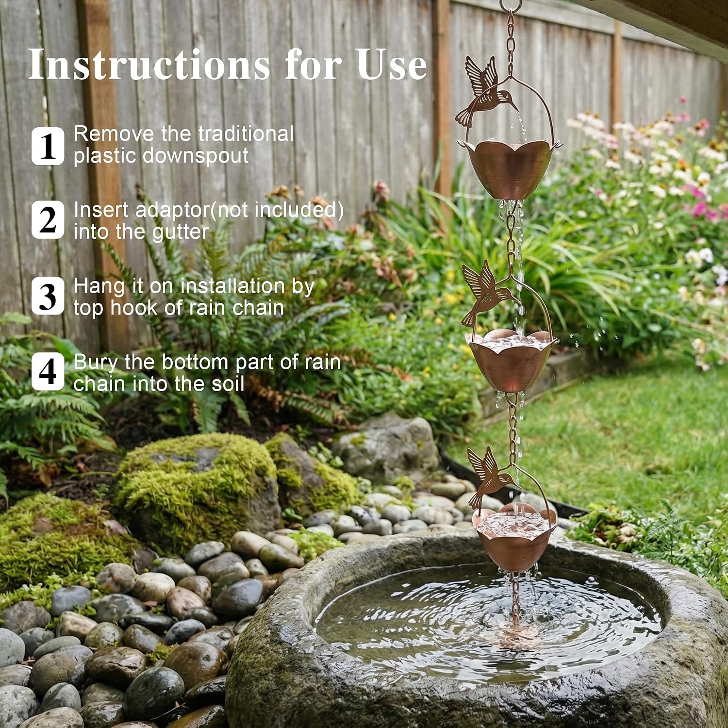 DUSVALLY 8FT Hummingbird Rain Chain for Gutters, Copper-Tone Metal | 12 Flower Cups • Hummingbird Design • Copper-Tone