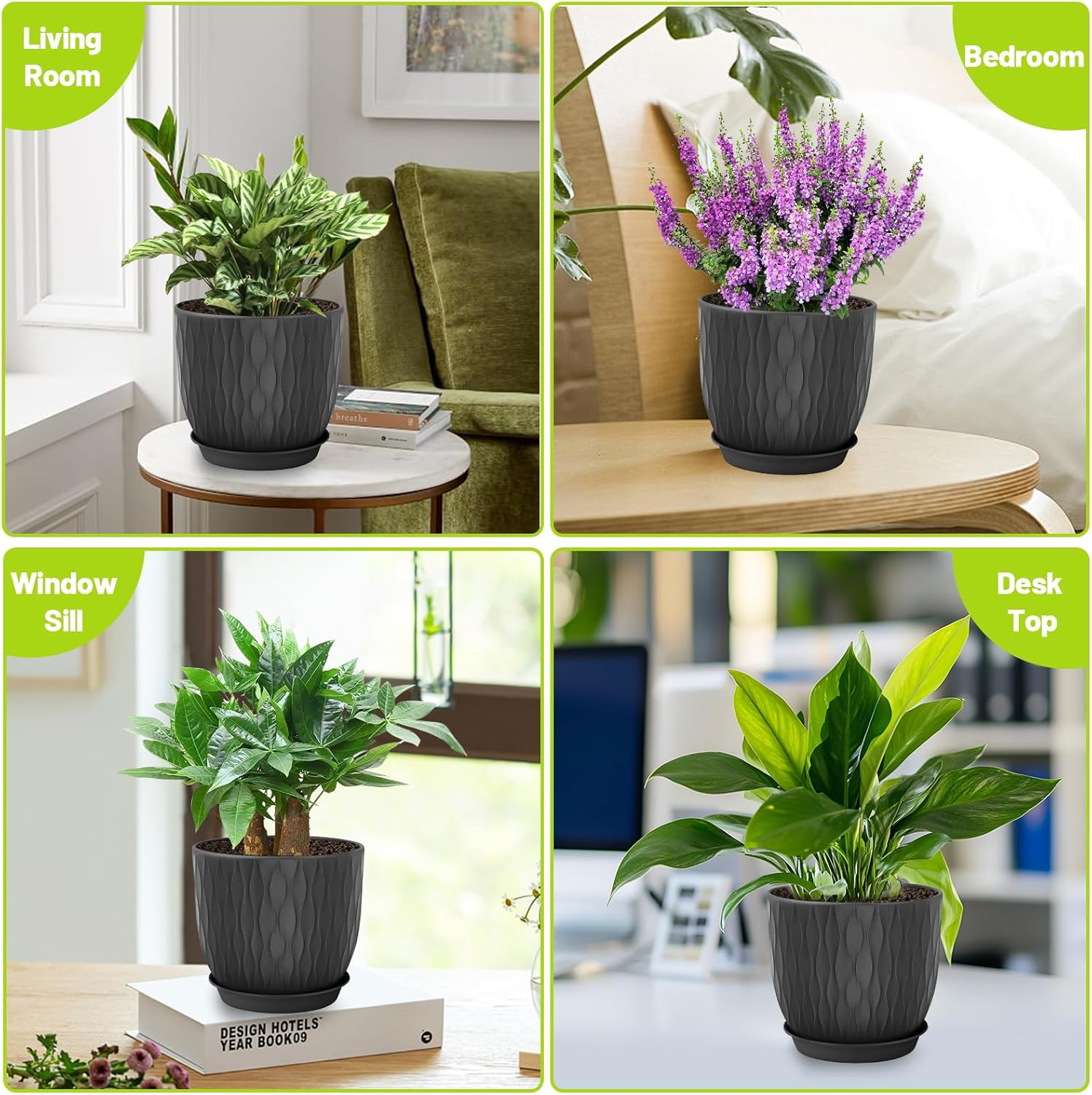 Plastic Plant Pots 10/9/8/7.5/7 inch Set of 5, Flower Planters with Drainage Holes and Saucers, Plastic Pots for Indoor