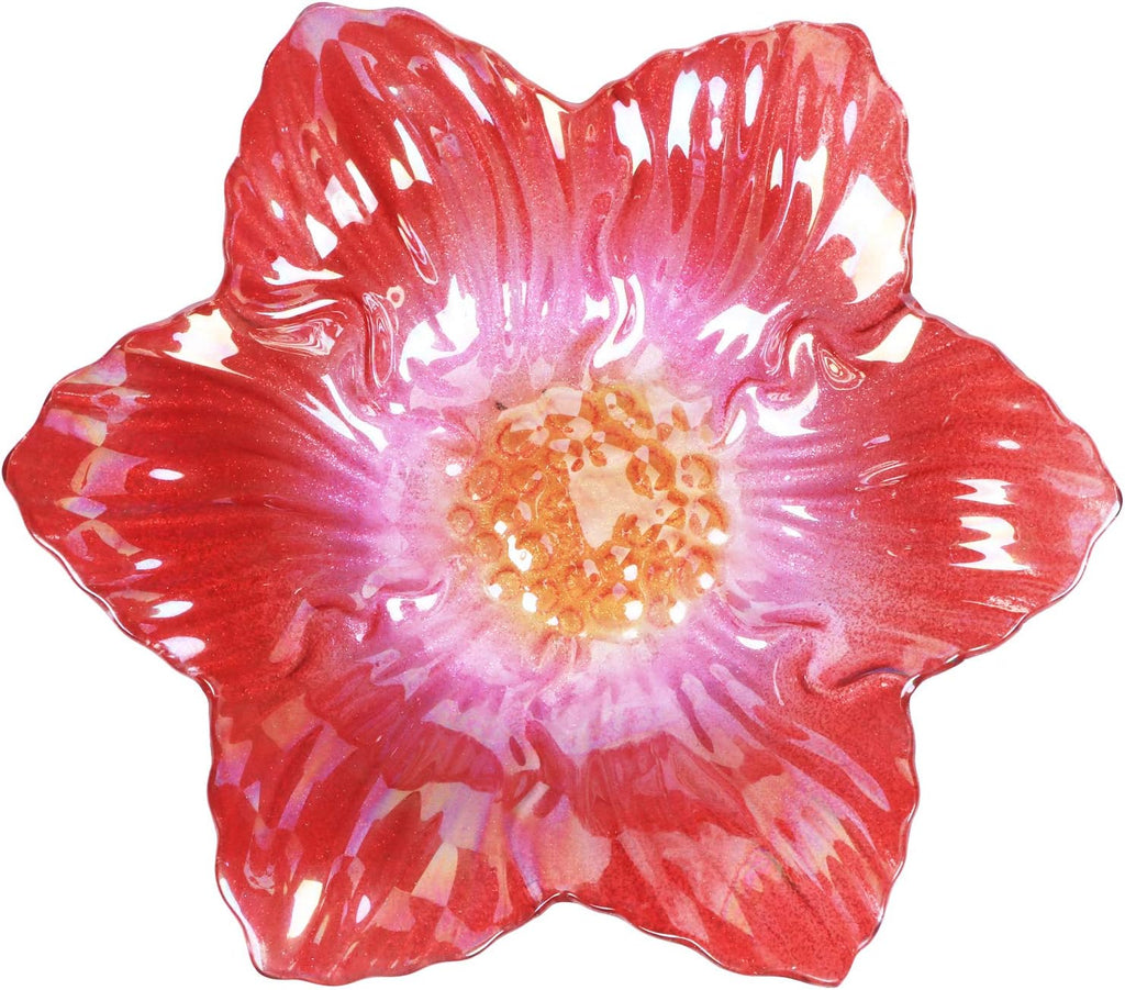 26" Glass Bird Bath, Outdoor Birdbath Bird Feeder Red Flower Metal Stake | Bird Bath for Outside with Stable Metal