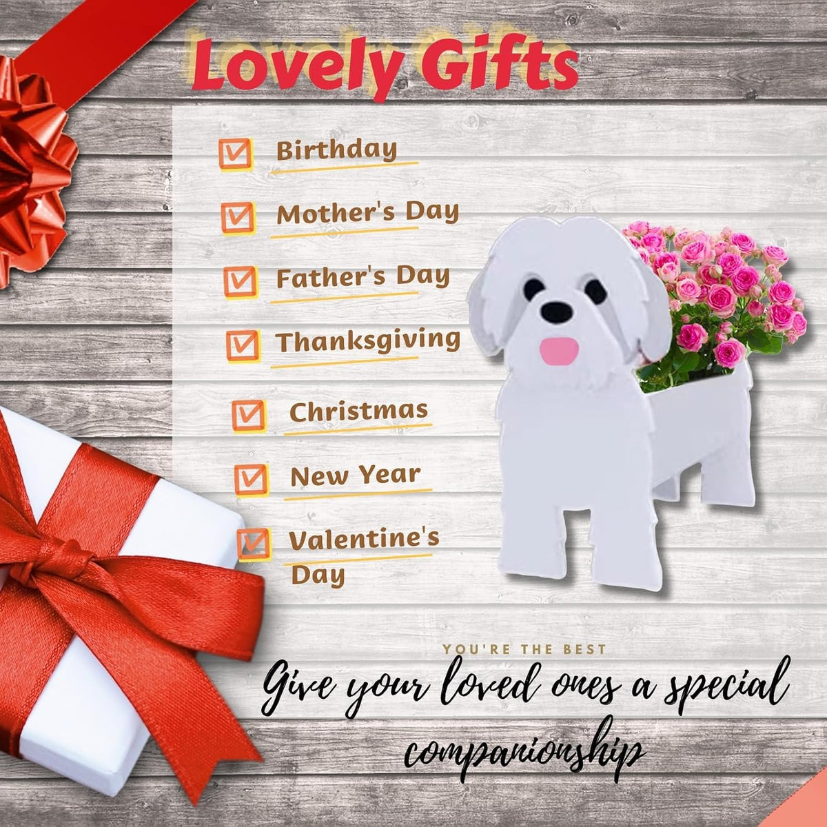 White Shih Tzu Dog Planter Pots, Animal Shaped Flower Pot | Cute Plant Gift for Women and Pet Lovers, Indoor Outdoor