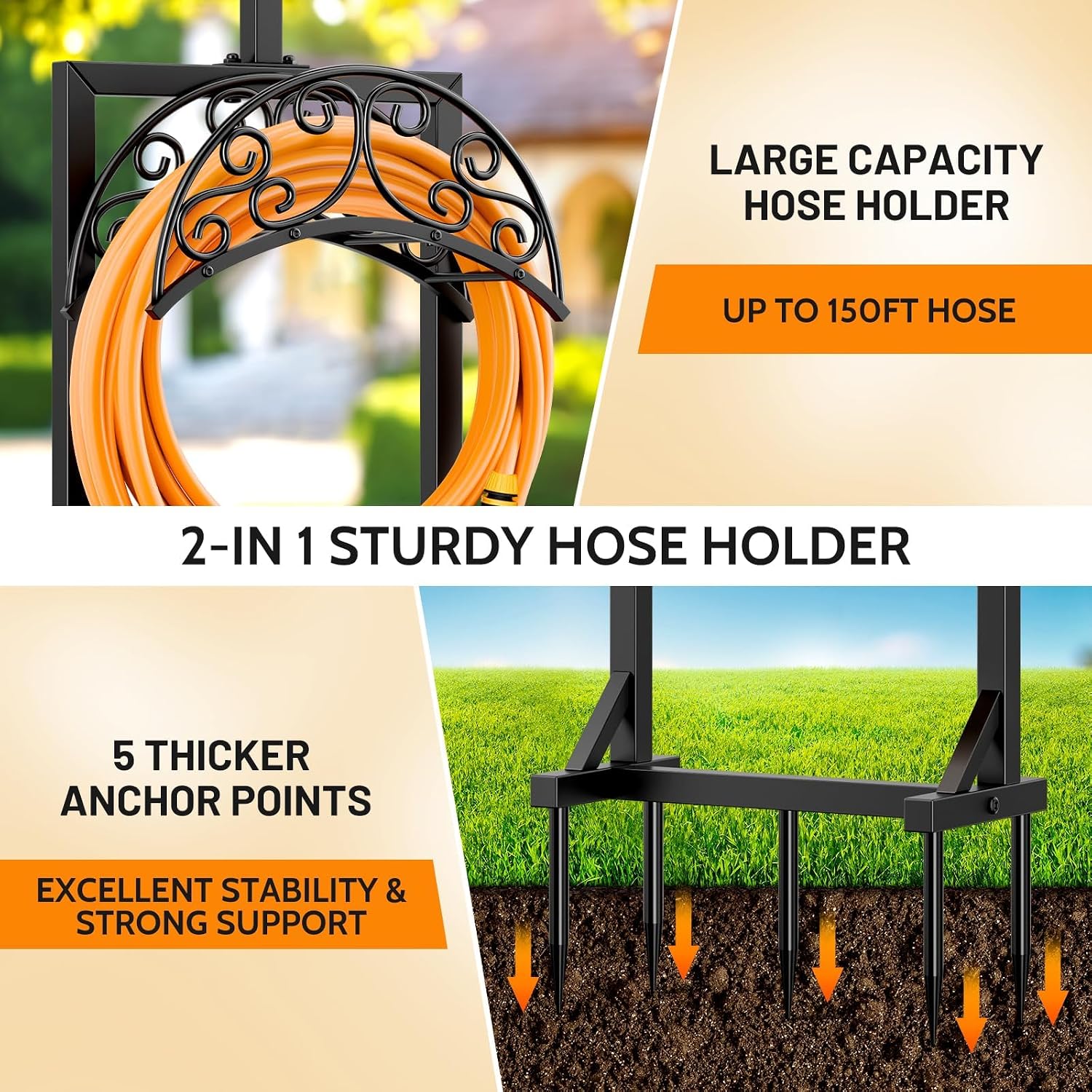Garden Hose Holder for Outside - Upgraded Water Hose Holders with 5 Spikes & 2 Shepherds Hooks, Freestanding Hose Stand