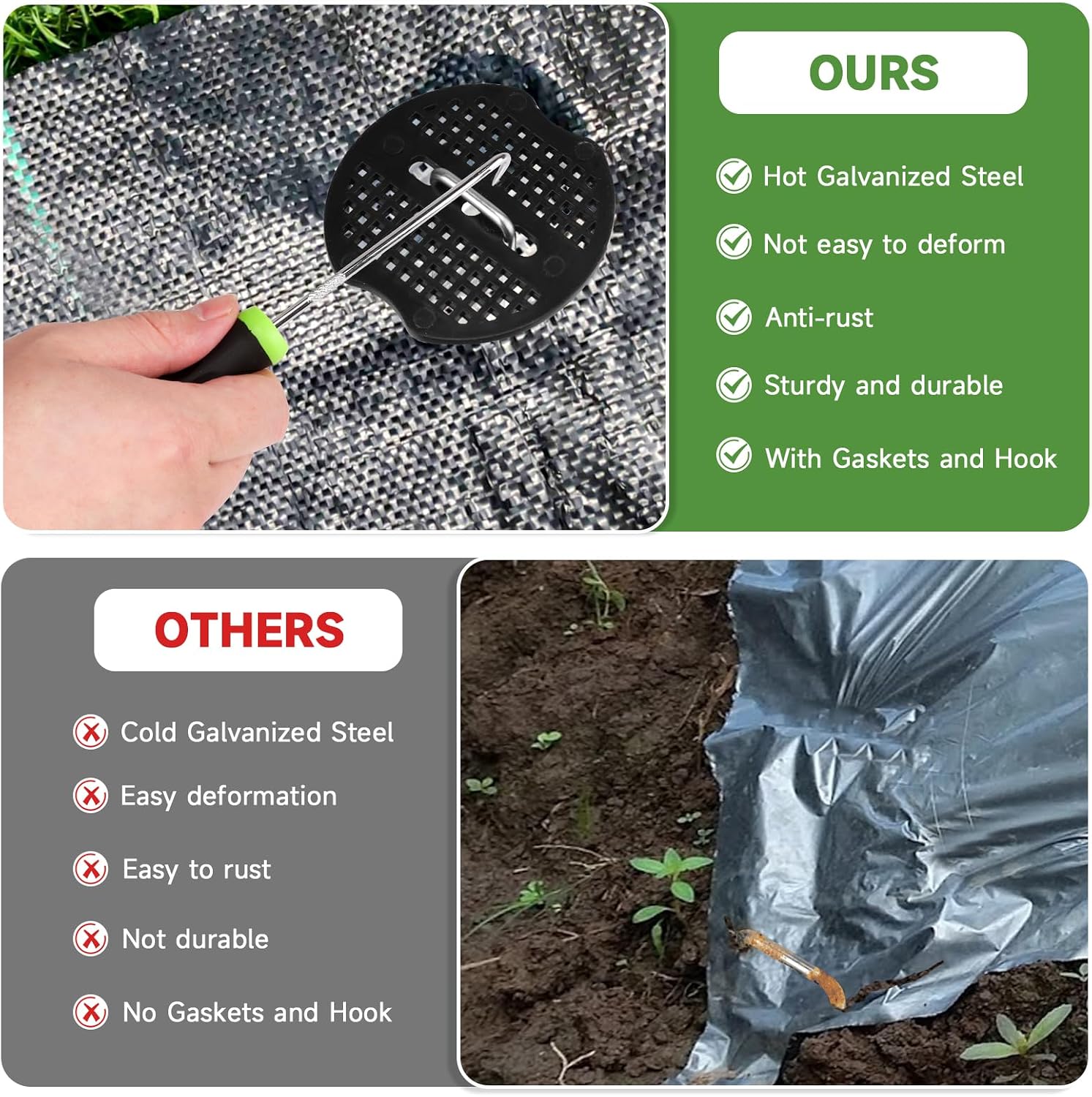 JELNER Garden Stakes,6 Inch 11 Gauge 100pcs Galvanized Landscape Staples + 100pcs Gaskets + 1Pick Hook, Tent Stakes