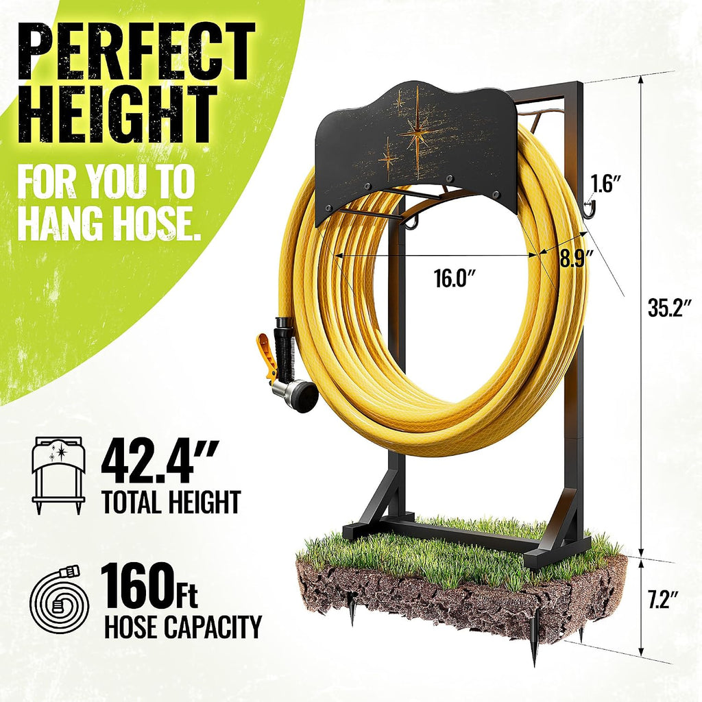 Garden Hose Holder & Water Hose Reel, Heavy Duty Freestanding Rack with 4 Spikes