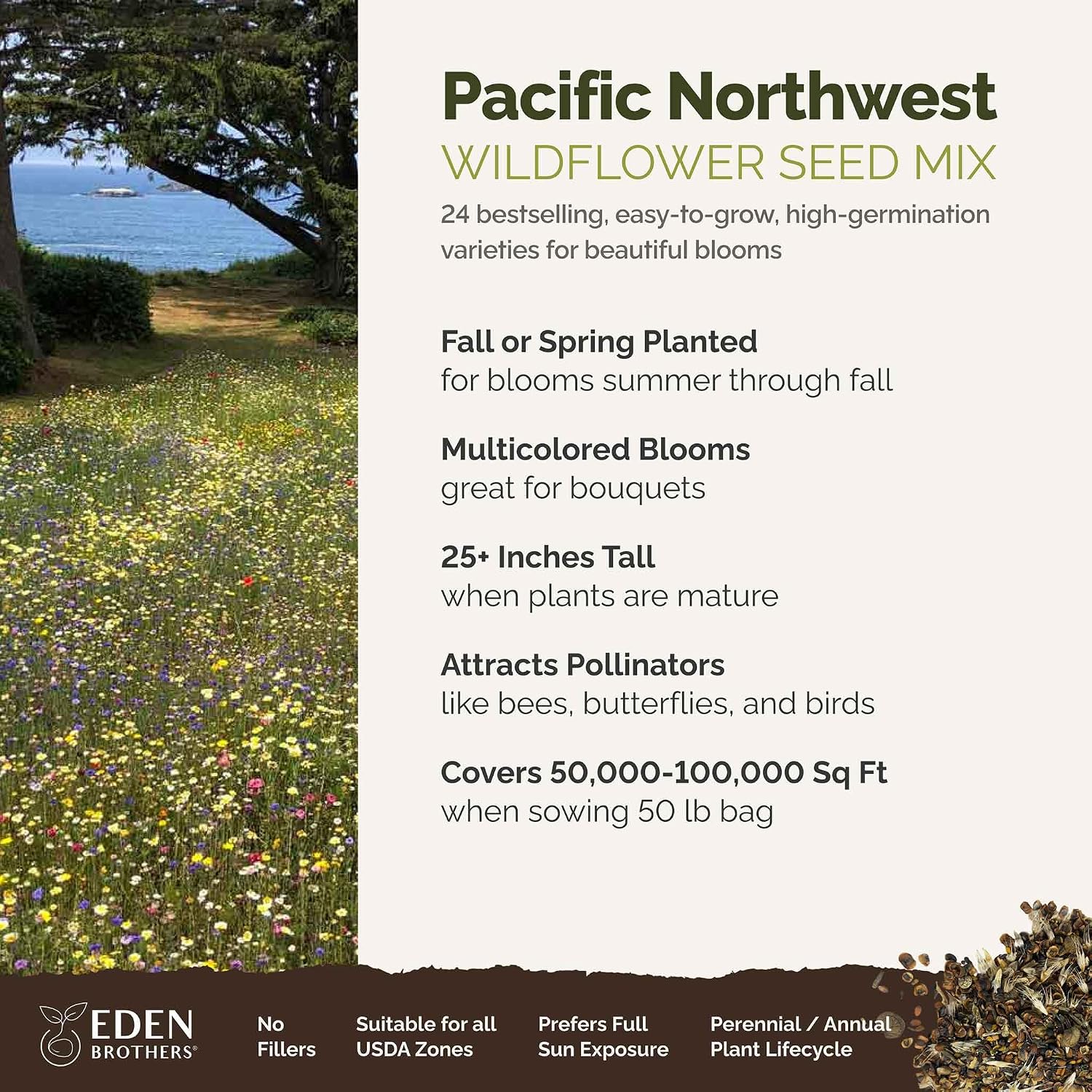 Eden Brothers Pacific Northwest Wildflower Mixed Seeds for Planting, 50 lb, 24,000,000+ Seeds with Cornflower, CA