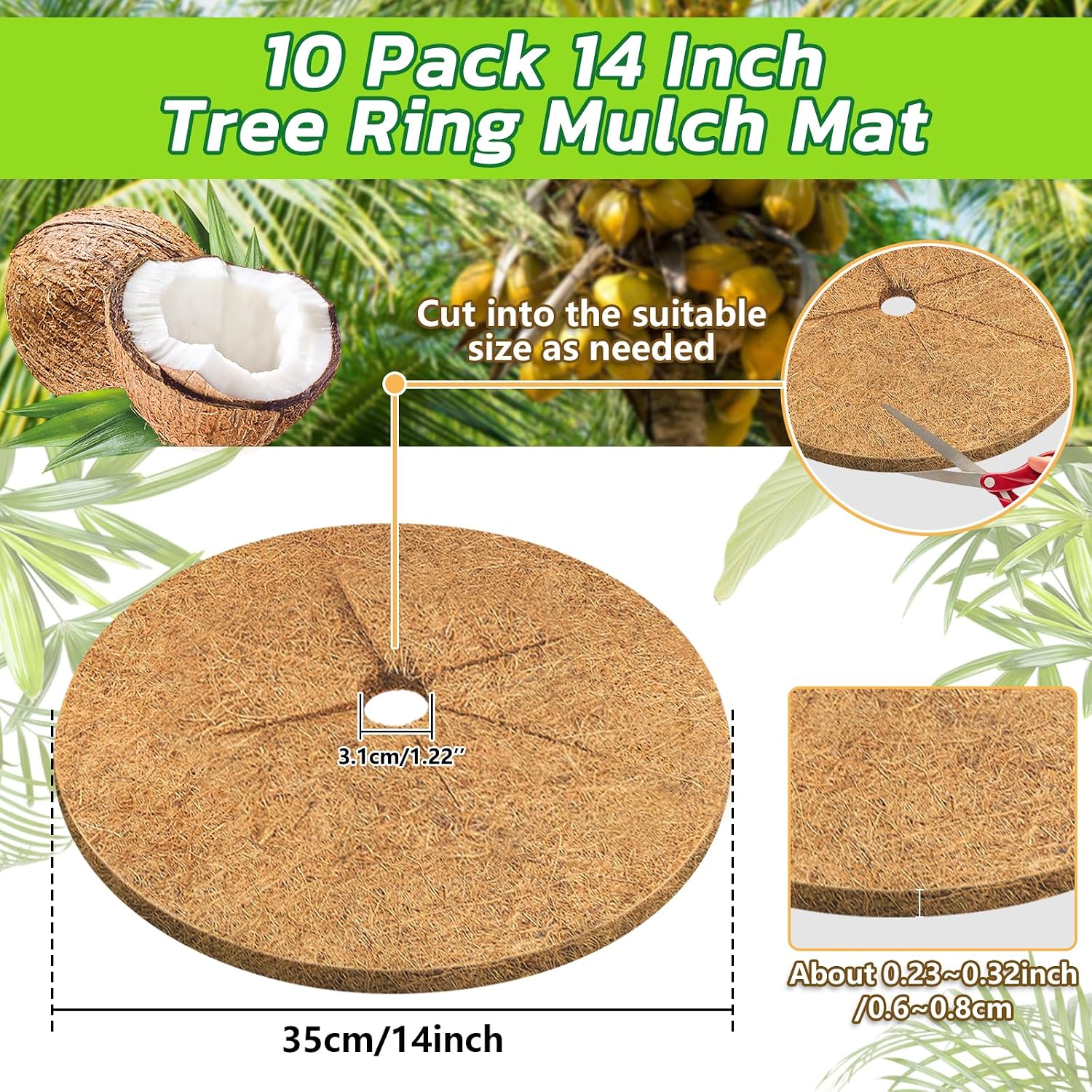 10 Pack Coconut Fiber Mulch Ring Tree Plant Protector Mat, 14 Inch | Natural Coco Coir Tree Mulch Ring Plant Pot Soil