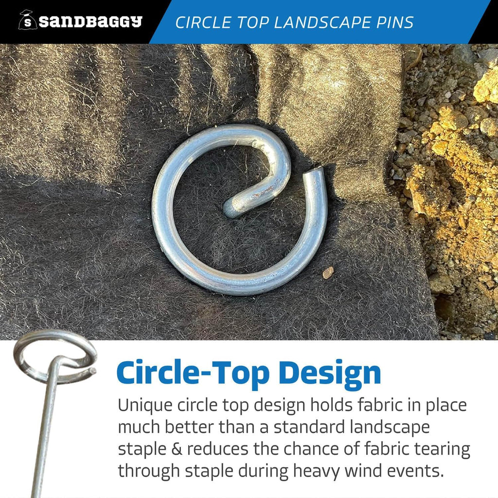 Sandbaggy 12 Inch Rust-Free Circle Top Pins | Industrial Grade 8 Gauge Galvanized Steel | Great for Hard & Rocky Soil