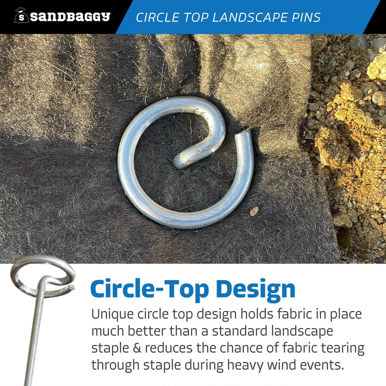 Sandbaggy 12 Inch Rust-Free Circle Top Pins | Industrial Grade 8 Gauge Galvanized Steel | Great for Hard & Rocky Soil
