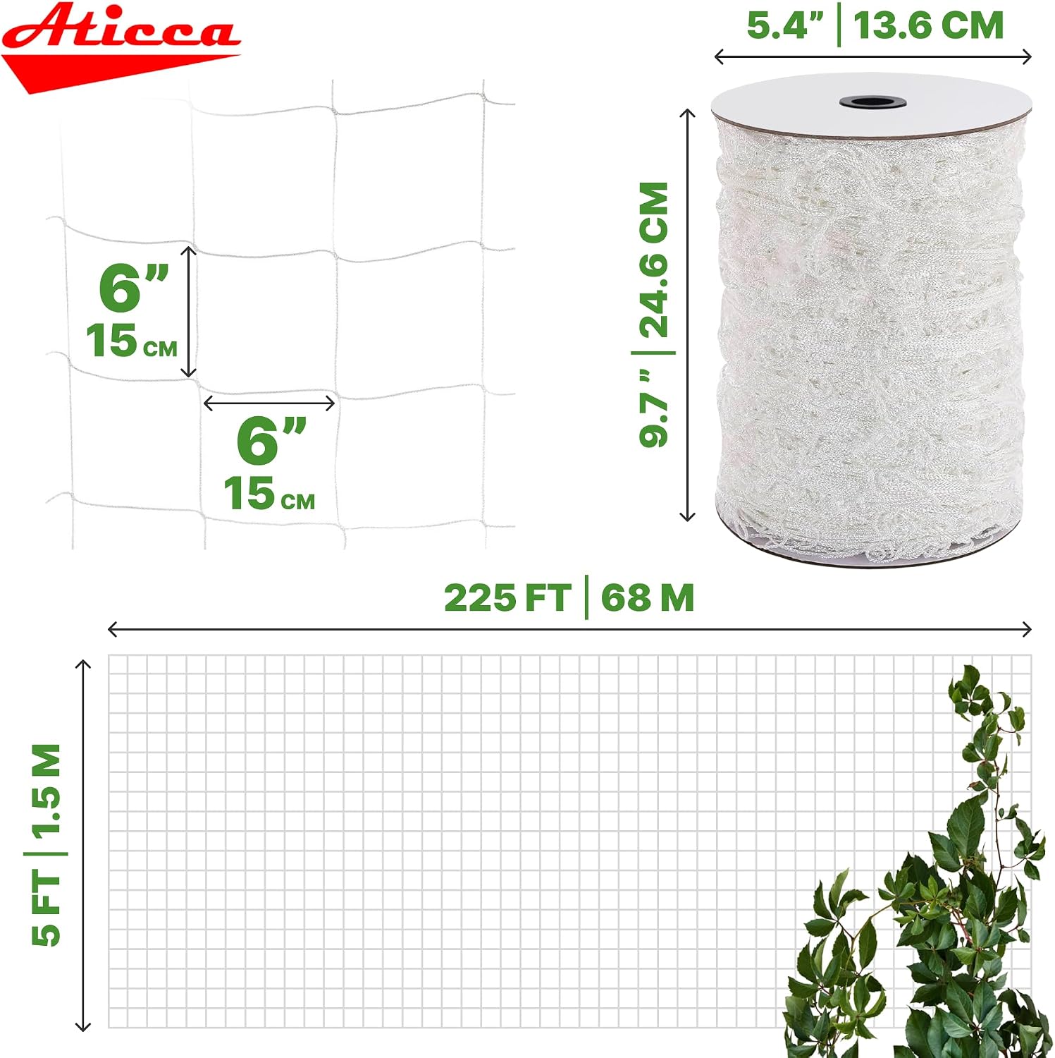 ATICCA Trellis Netting 5 x 225 ft Heavy Duty Polyester Plant Support Netting White - 6 Inch Garden Rope Trellis on Roll