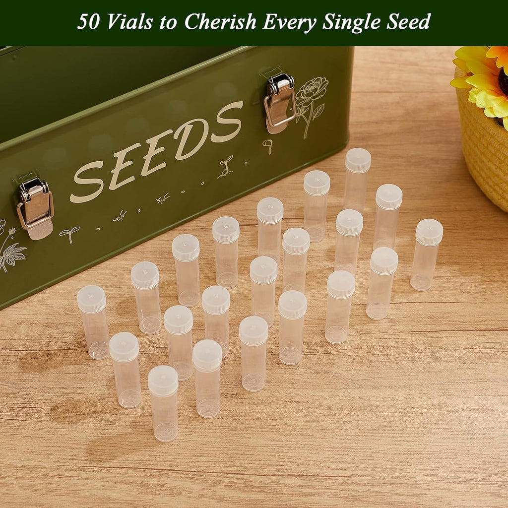 VerdantVibes Metal Seed Storage Organizer Box - Large Galvanized Seed Bin with 50 Vials, 50 Envelopes, Dividers &