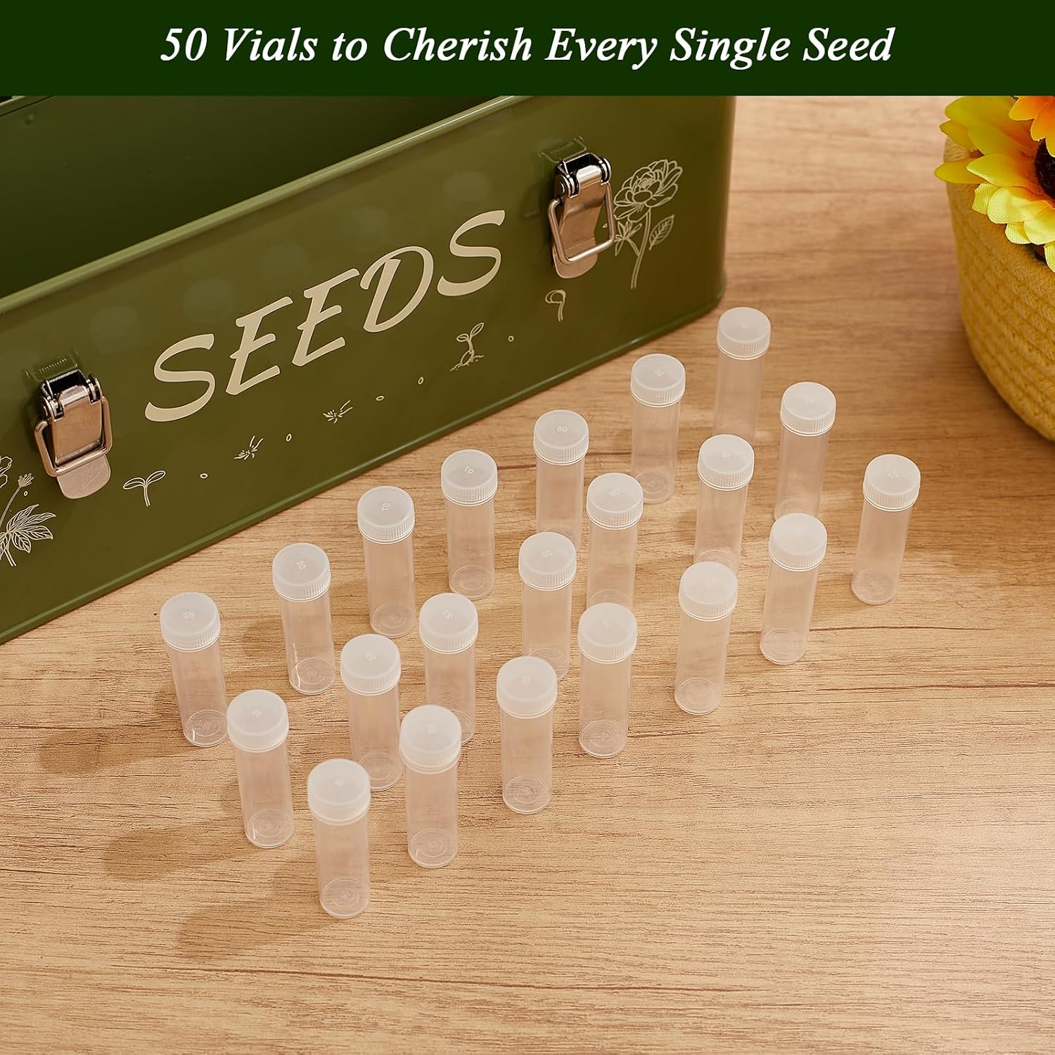VerdantVibes Metal Seed Storage Organizer Box - Large Galvanized Seed Bin with 50 Vials, 50 Envelopes, Dividers &