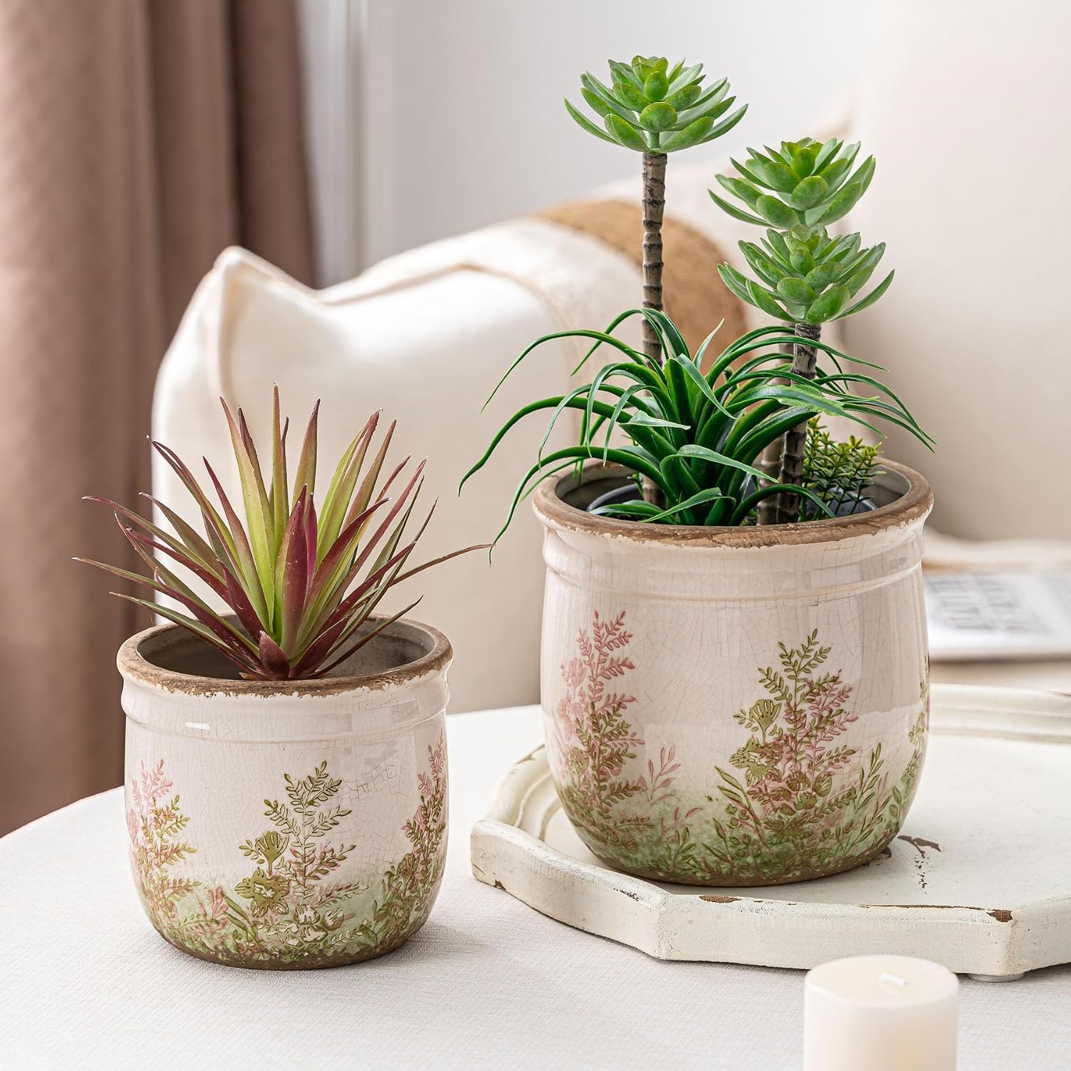 SURE YUESI Ceramic Plant Pots Set of 2, 4.7+5.7 Inch Vintage Indoor Planters with Drainage Hole, Farmhouse Ceramic