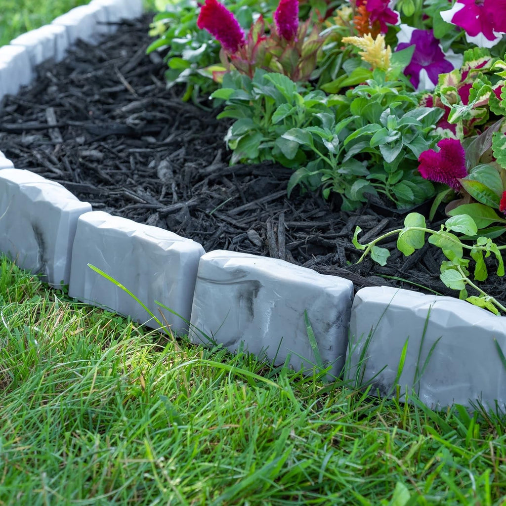 EasyFlex No-Dig Landscape Edging with Anchoring Spikes, 2.7 in Tall Decorative Stone-Look Garden Border, 15 Foot Kit