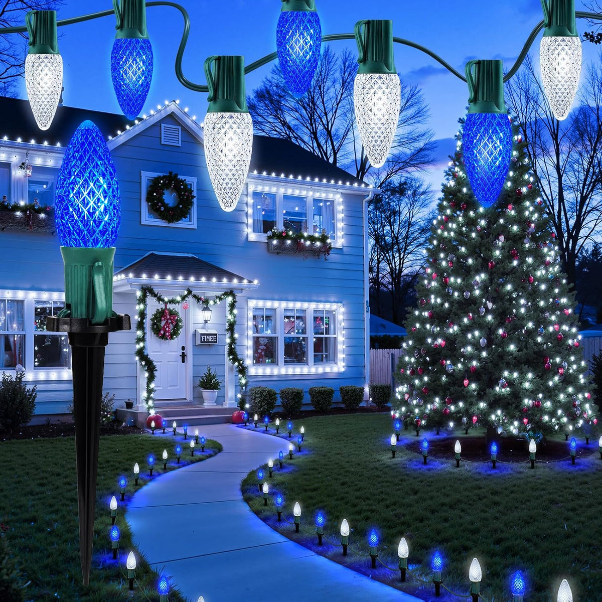 Brightown C9 Christmas Lights Outdoor, 25.7 Ft Strawberry C9 Christmas Pathway Lights with 20 LED Bulbs and Stakes, Christmas Decorations Outside Walkway Sidewalk Holiday, Blue and White