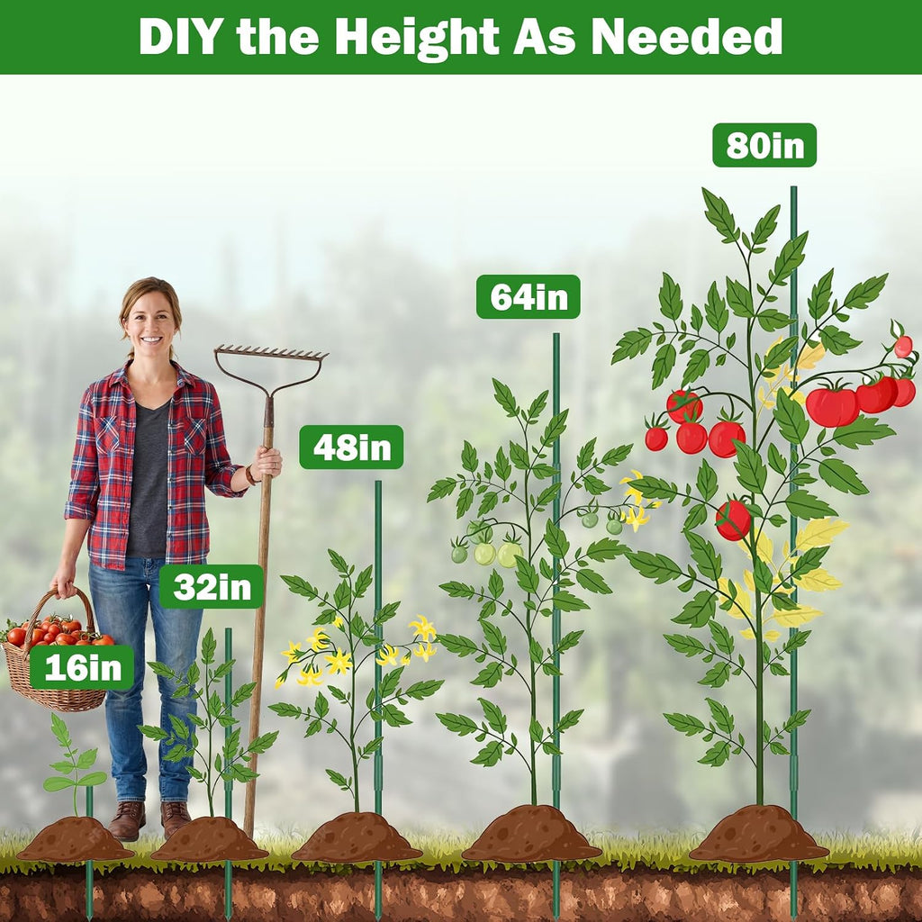 Garden Stakes 70 Pack, 16 Inch Plastic Coated Metal Tomato Stakes, DIY 4ft 5ft 6ft 7ft Plant Support Stakes with 40