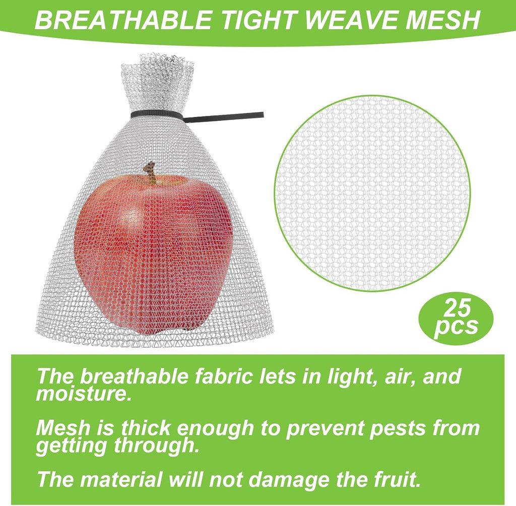 25 Pcs Fruit Protection Wire Mesh Bags 6 x 8 Inch Fruit Bags with Clips and Ties for Fruit Trees Netting Cover Bags