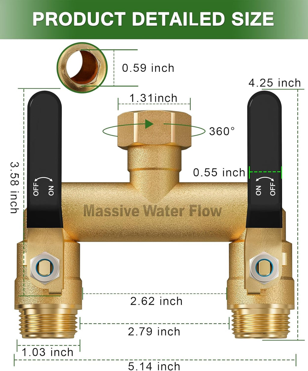 Hose Splitter 2 Way Heavy Duty, Full Flow Garden Hose Splitter with 2 Long Metal Handles, Brass Rust and Freeze