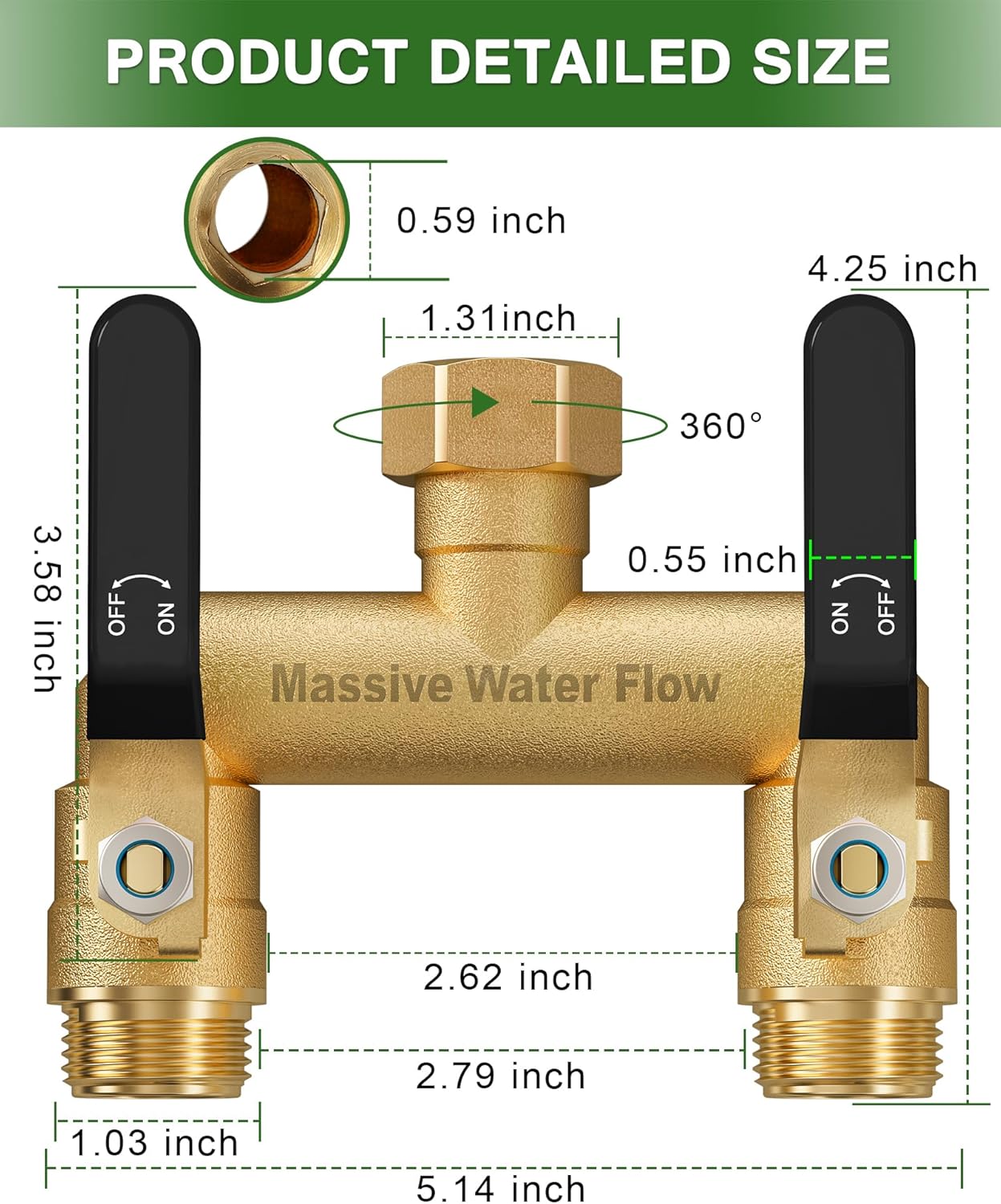 Hose Splitter 2 Way Heavy Duty, Full Flow Garden Hose Splitter with 2 Long Metal Handles, Brass Rust and Freeze