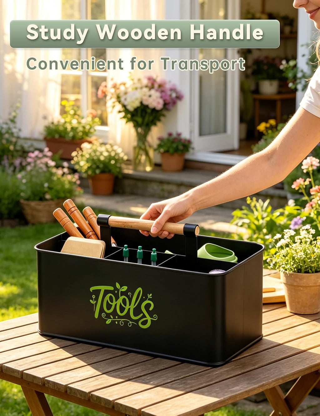 Gardening Tool Caddy, Wooden Handle and 4 Compartments | Metal Black Garden Tool Basket, Large Capacity Garden Caddy