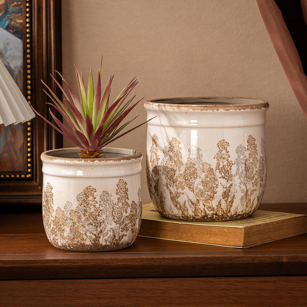 SURE YUESI Ceramic Plant Pots Set of 2, 4.7+5.7 Inch Vintage Indoor Planters with Drainage Hole, Farmhouse Ceramic