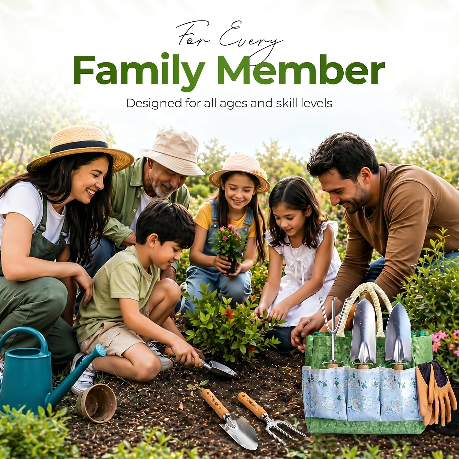 Gardening Tools Set with Organizer Handbag 9-Piece, Heavy‑Duty Rust‑Proof Garden Hand Tools, Wooden Handles,15 Plant