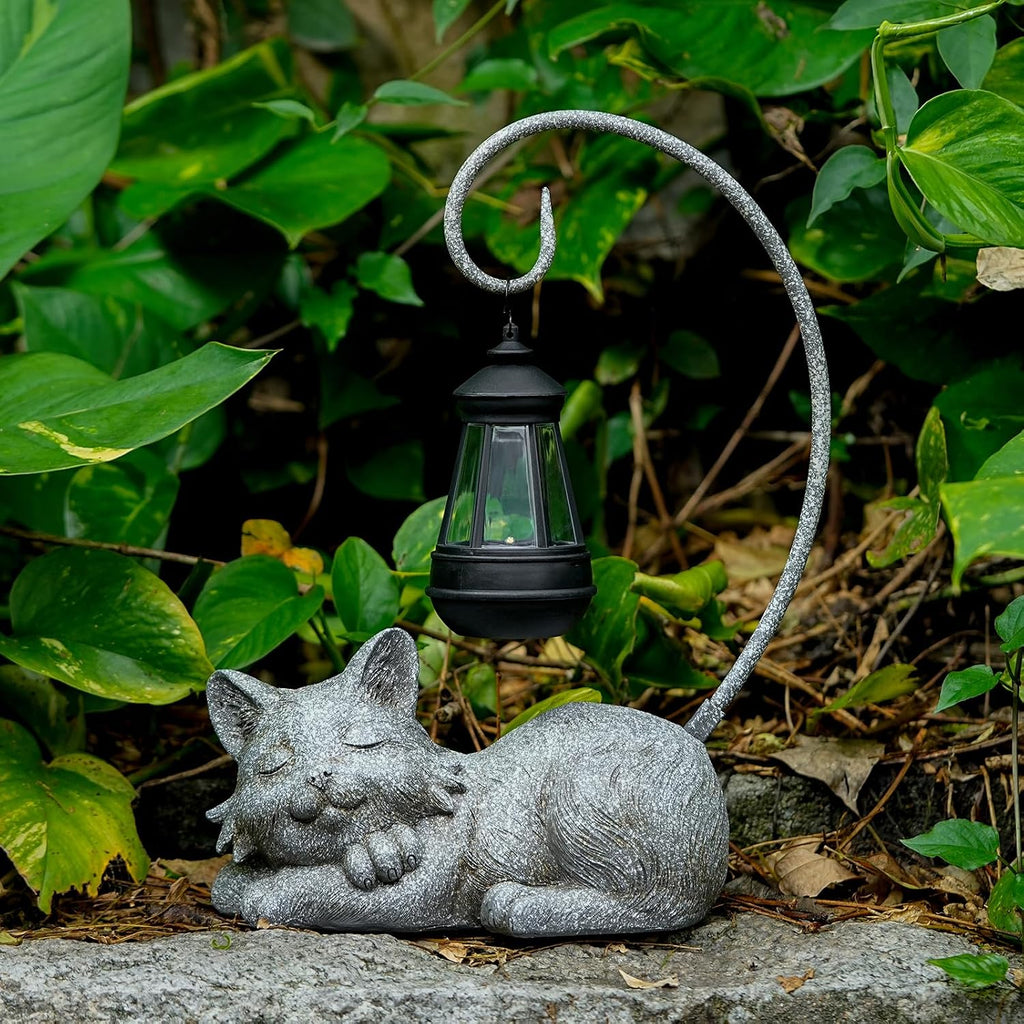 WSgift Outdoor Cat Figurine Garden Statue with Solar-Powered LED Light 13.77 Inches Tall Gift Garden Statue Decor for